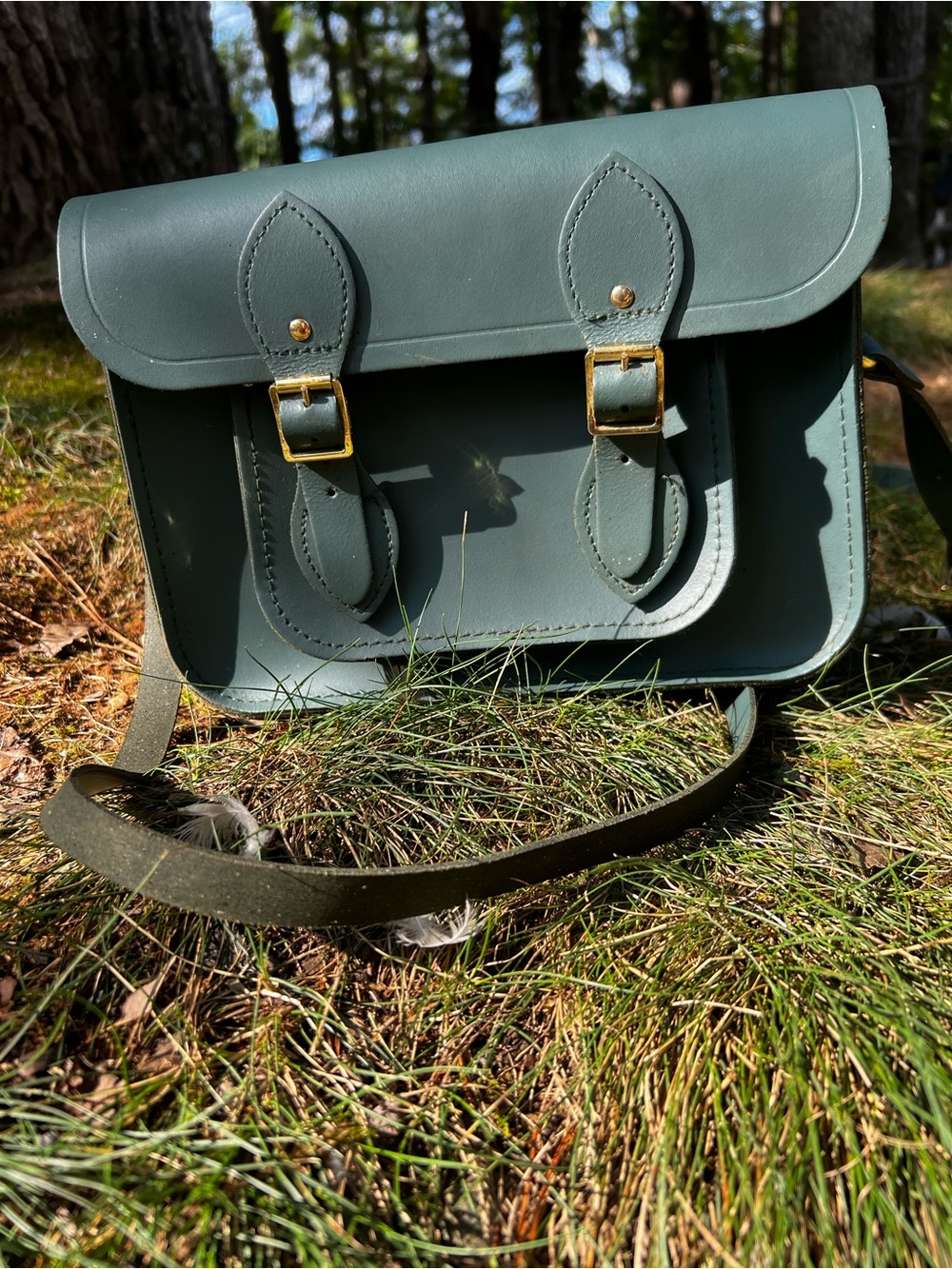 The Cambridge Satchel Company Olive Green Leather Satchel with Gold Buckles